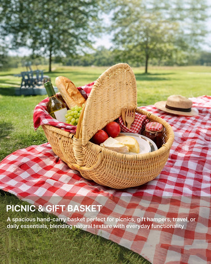 Handcrafted Cane Picnic Basket with Lid for Outdoor and Travel Use
