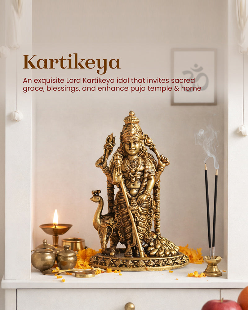 Traditional Pure Brass Kartikeya Idol for Daily Worship and Rituals