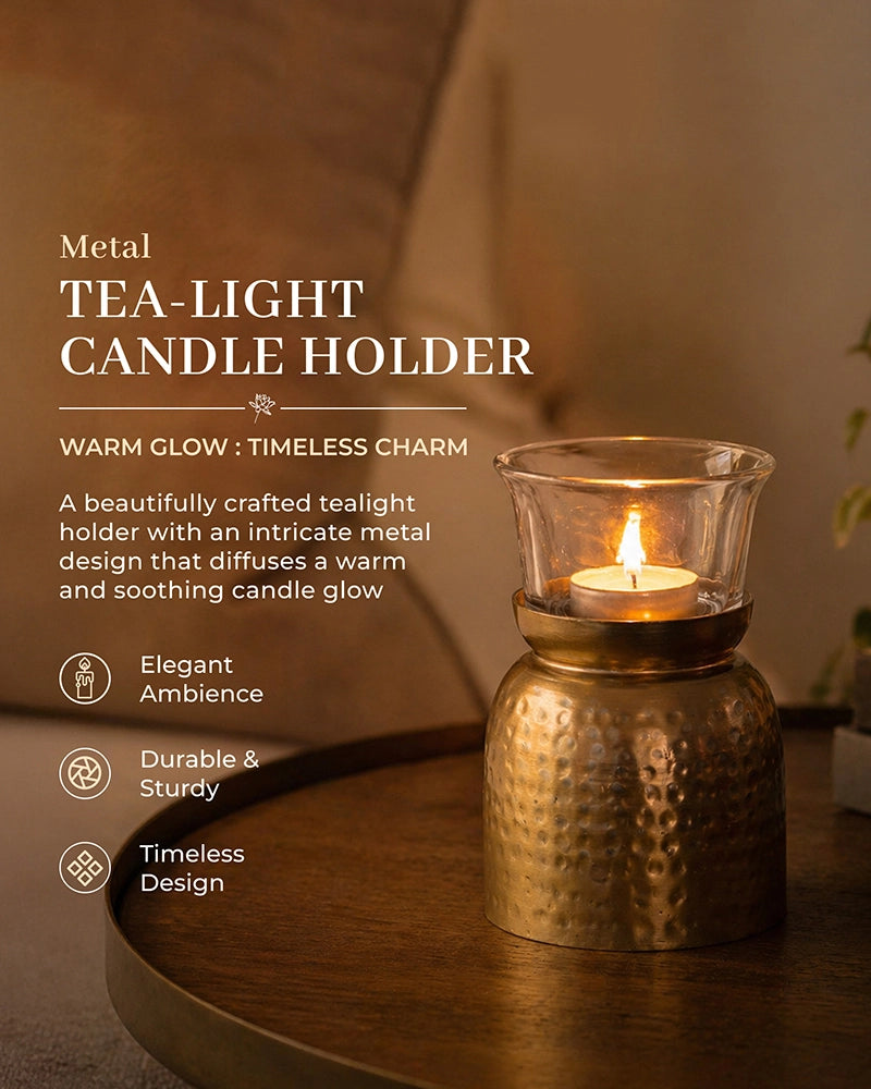 Hammered Metal Cylindrical Tea Light Holder with Glass for Home Decor
