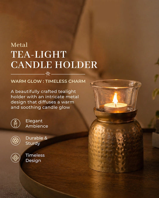 Hammered Metal Cylindrical Tea Light Holder with Glass for Home Decor