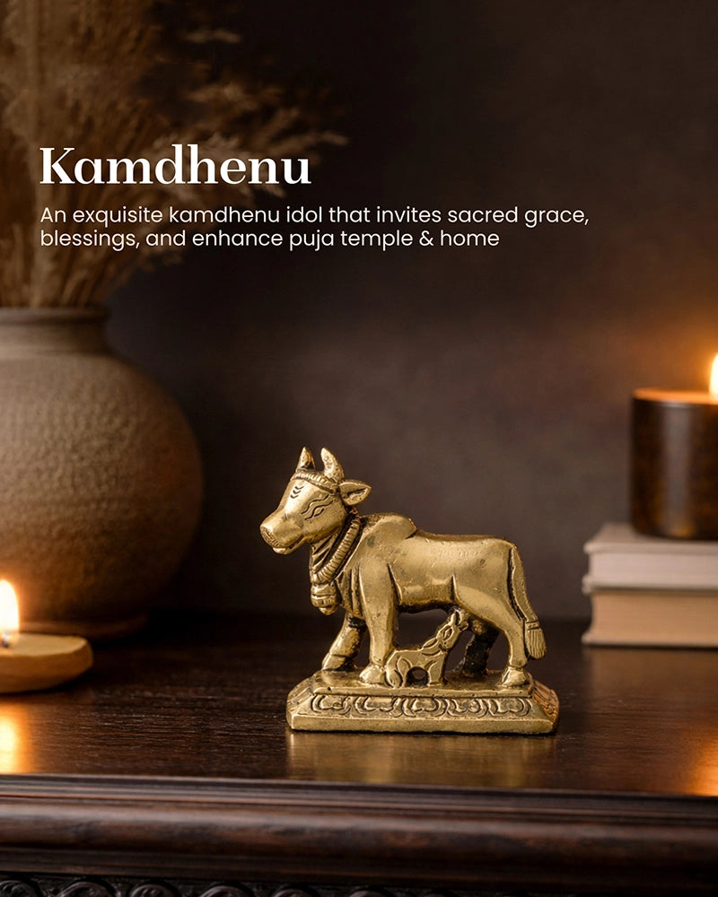 Brass Kamdhenu Idol for Home Temple, Spiritual Decor, and Showpiece