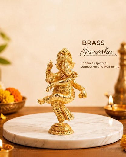 Handcrafted Dancing Brass Ganesha Idol (Gold)