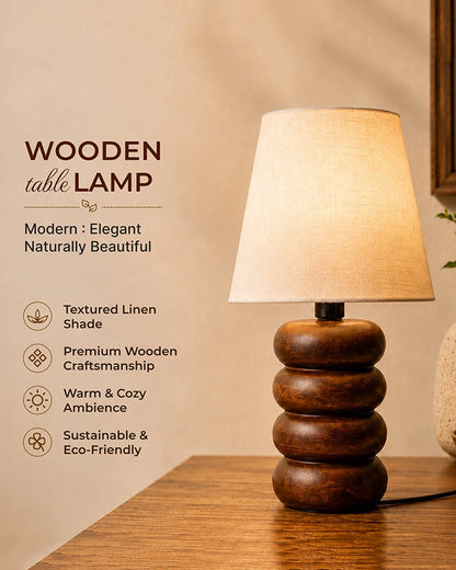 Handcrafted Wooden Table Lamp Textured Linen Shade Warm Light