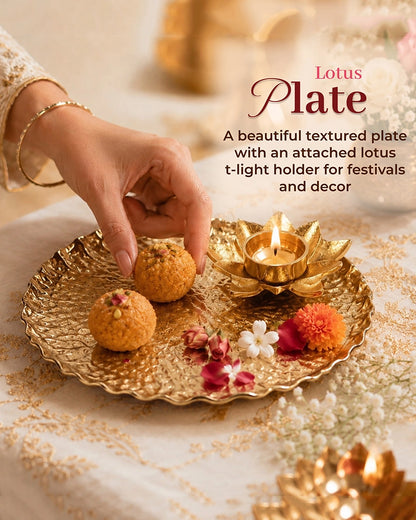 Premium Lotus Pooja Thali with Tea Light Holder for Festive Pooja & Gifting