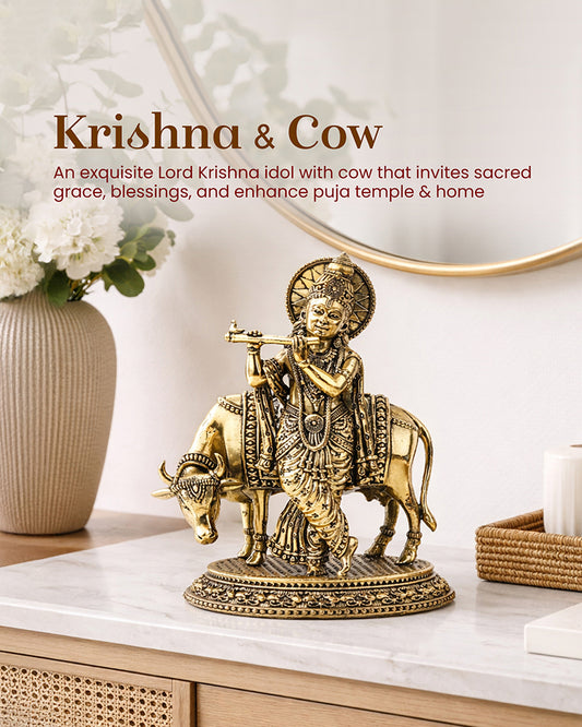 Traditional Krishna Ji Brass Idol with Cow for Festivals and Home Decoration