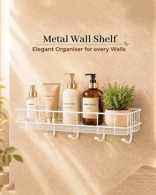 Self Adhesive Metal Wall Shelf with 4 Hanging Hooks for Bathroom Accessories
