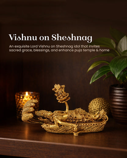 Lord Vishnu Brass Idol on Sheshnag with Shivling and Brahma ji for Pooja