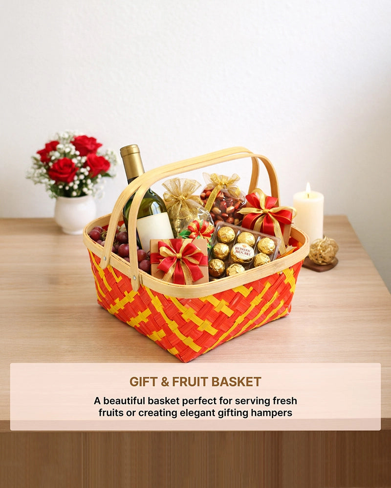 Rustic Bamboo Basket for Home Decor, Fruit Storage, and Gift Hampers