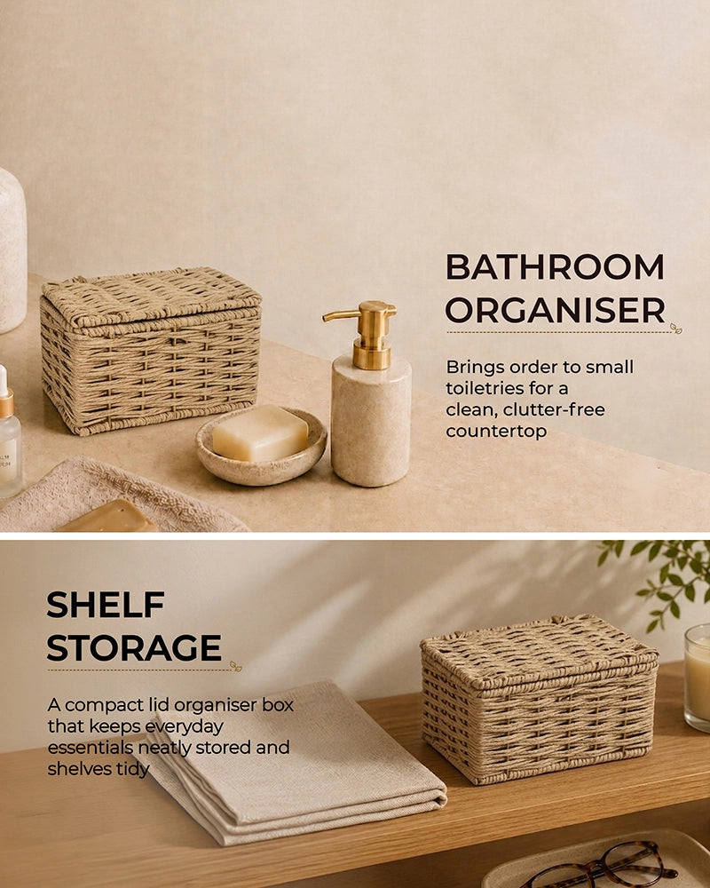 Handwoven Storage Box with Lid for Wardrobe & Bathroom Storage