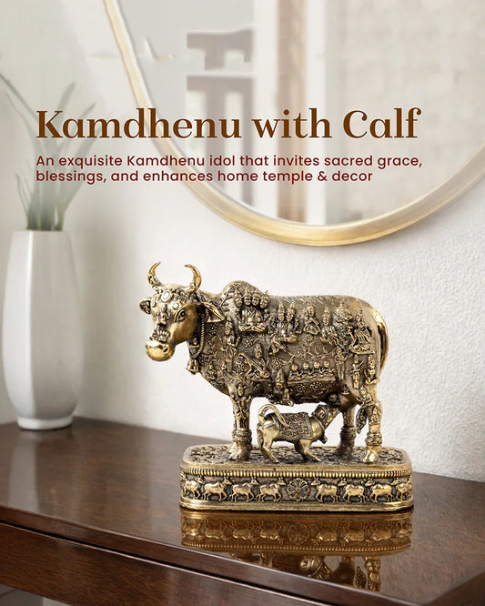 Brass Kamdhenu Cow Idol with Calf for Home Temple and Decor