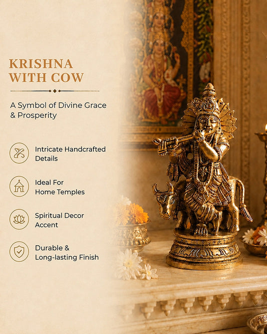 Lord Krishna Playing Flute with Cow Brass Idol