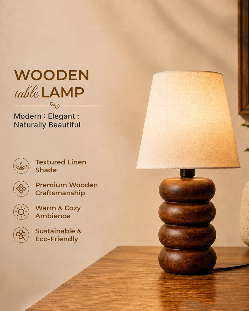 Handcrafted Wooden Table Lamp Textured Linen Shade Warm Light