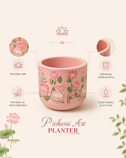 Pichwai Art Hand Painted Lotus Design Terracotta Plant Pot (Pink)