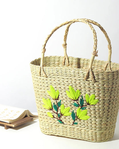 Natural Seagrass Embroidery Tote Bag for Shopping, Picnic & Storage