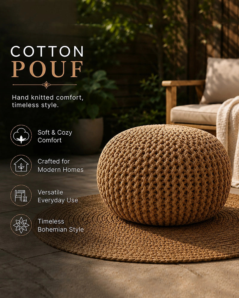 Hand Knitted Beige Cotton Pouf Chunky Knit Round Ottoman Boho Footrest