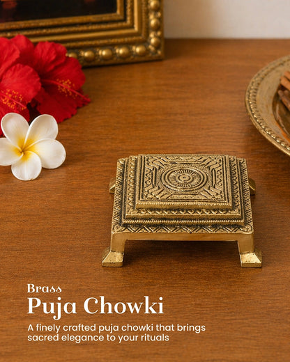Brass Pooja Chowki Om Design Bajot for Home Temple Puja