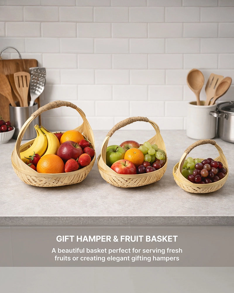 Handwoven Bamboo Baskets with Handles for Kitchen and Home Organization (Set of 3)