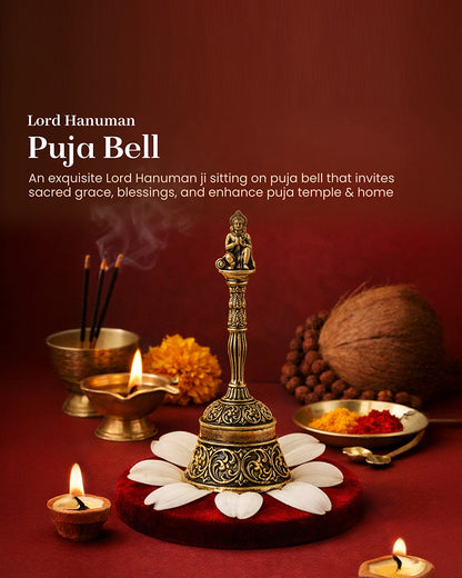 Traditional Brass Pooja Bell with Hanuman Idol for Home Temple