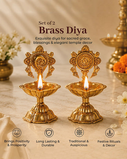100% Pure Brass Decorative Handle Diya for Pooja Décor, Set of 2