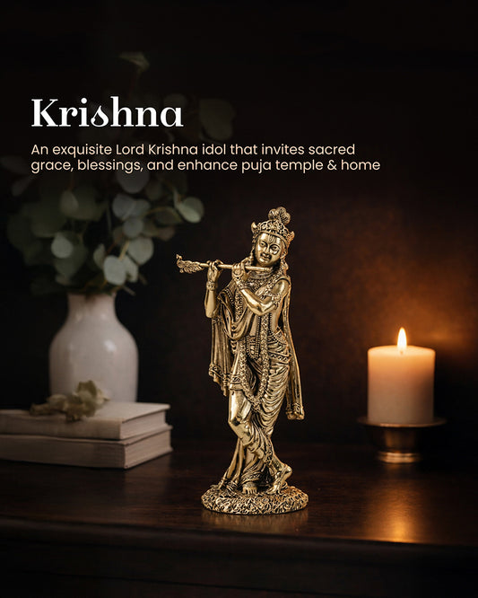 Traditional Krishna Brass Idol Playing Flute for Pooja Needs and Home Decoration