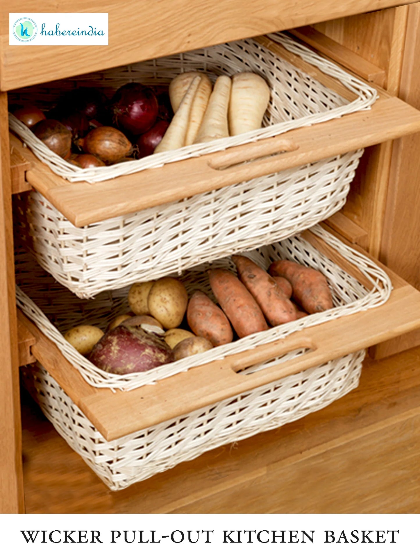 Handwoven Wicker Pull-Out Kitchen Basket with Double Partition for Organized Storage