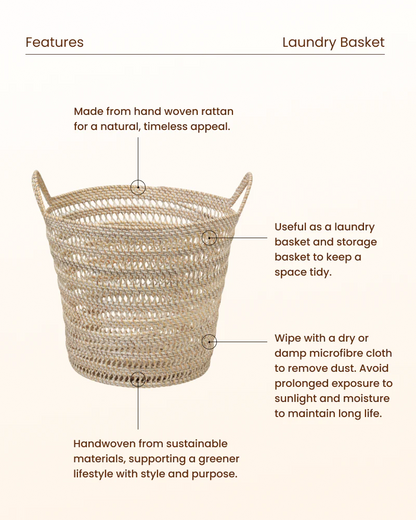Rattan Laundry Basket with Handles for Home and Bathroom