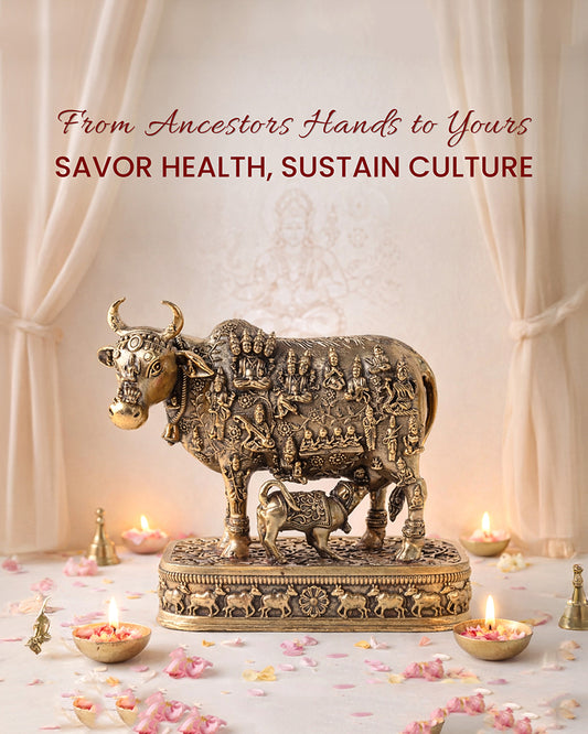 Brass Kamdhenu Cow Idol with Calf for Home Temple and Decor