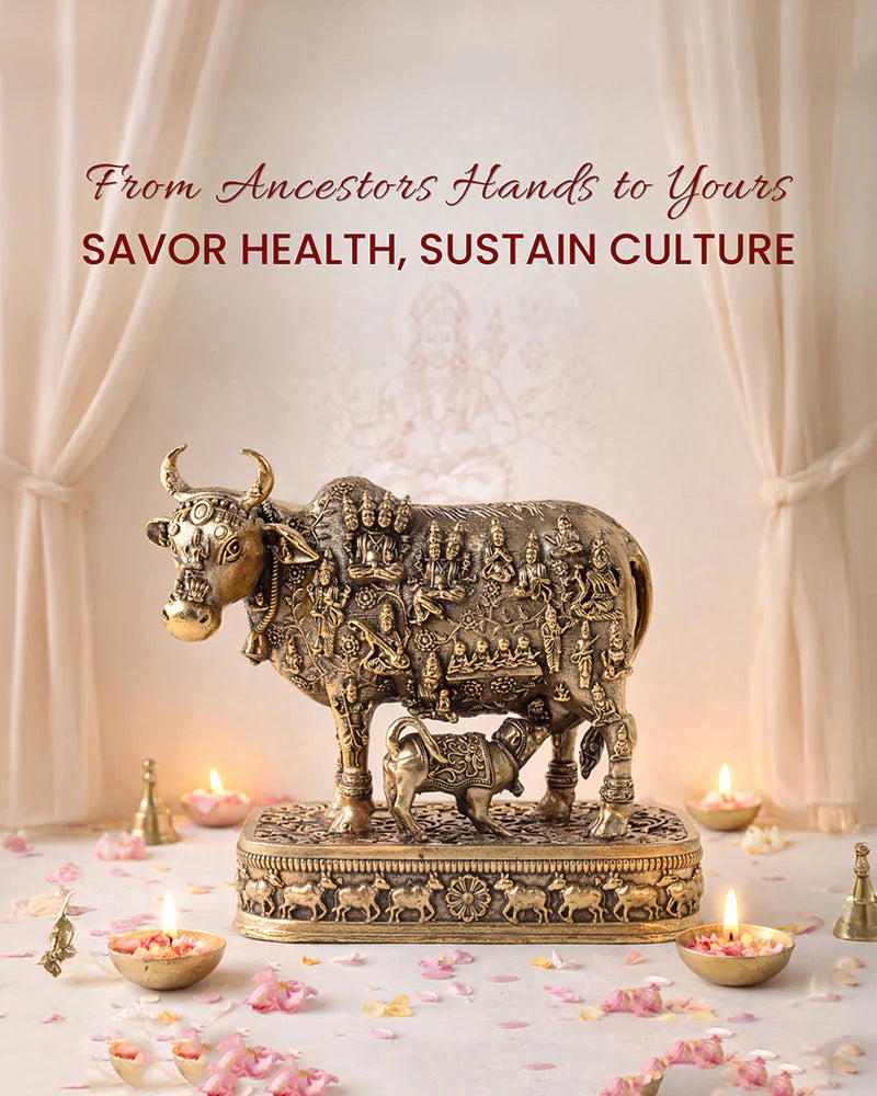 Brass Kamdhenu Cow Idol with Calf for Home Temple and Decor