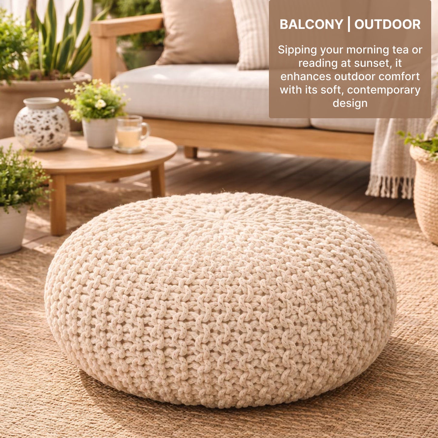Handwoven Jute Round Pouffe in White for Living Room and Bedroom