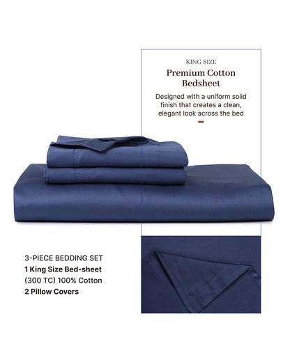 Navy Blue Premium King Size Bedsheet 300 Thread Count Cotton Double Bedsheet Set