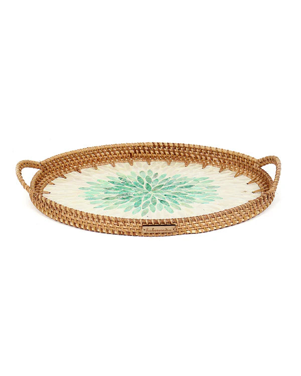 Handwoven Oval Cane Tray with Green Rangoli Mosaic for Decorative and Serving Use