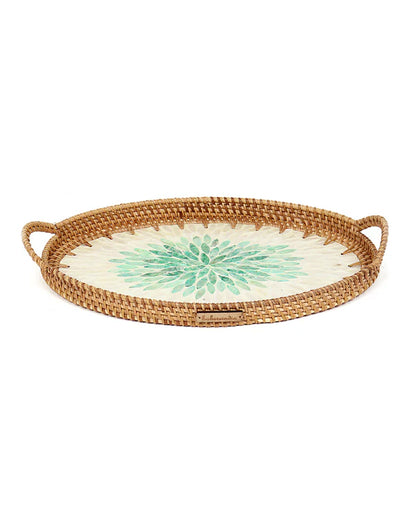 Handwoven Oval Cane Tray with Green Rangoli Mosaic for Decorative and Serving Use
