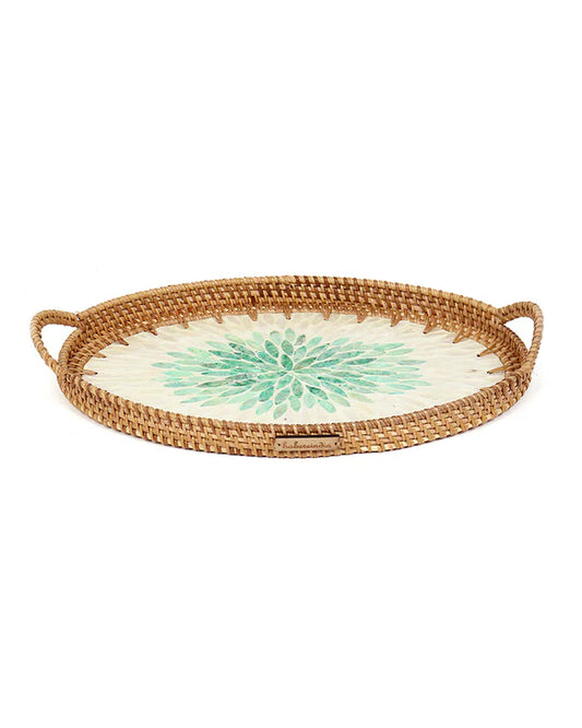 Handwoven Oval Cane Tray with Green Rangoli Mosaic for Decorative and Serving Use