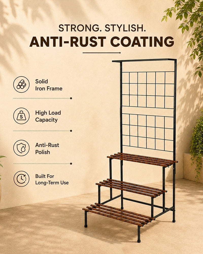 3 Tier Plant Stand with Trellis & Hanging Rod Anti Rust (Black & Brown
