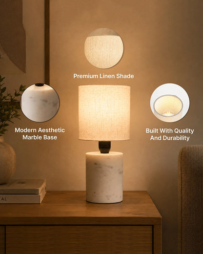Marble Table Lamp with Linen Shade Warm Ambient Light