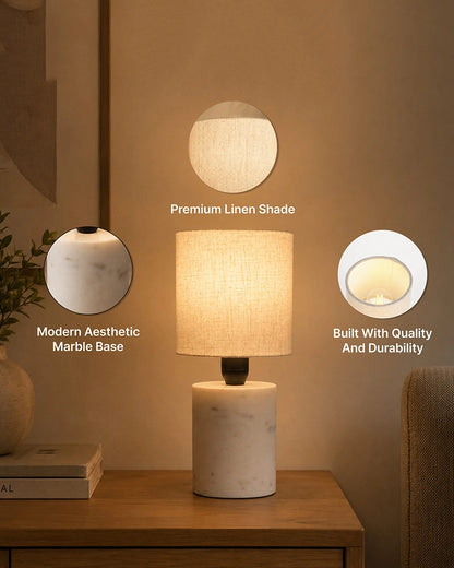 Marble Table Lamp with Linen Shade Warm Ambient Light