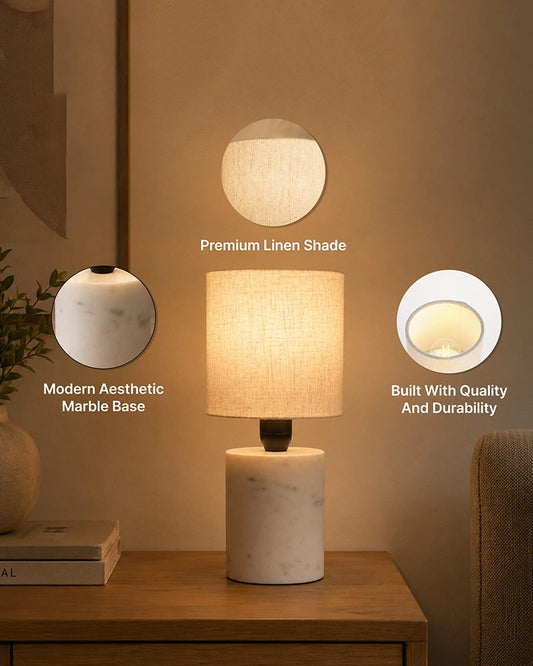 Marble Table Lamp with Linen Shade Warm Ambient Light