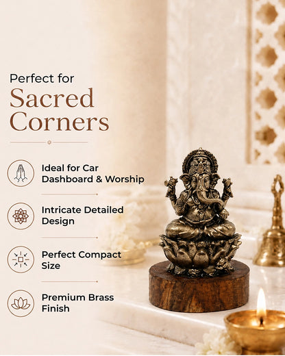 100% Pure Brass Ganesh Ji Idol with Wooden Chowki for Car Dashboard