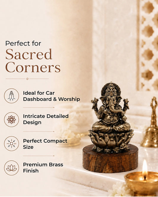 100% Pure Brass Ganesh Ji Idol with Wooden Chowki for Car Dashboard
