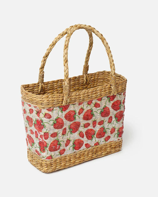 Handwoven Seagrass Shopping Basket & Tote Bag - Strawberry