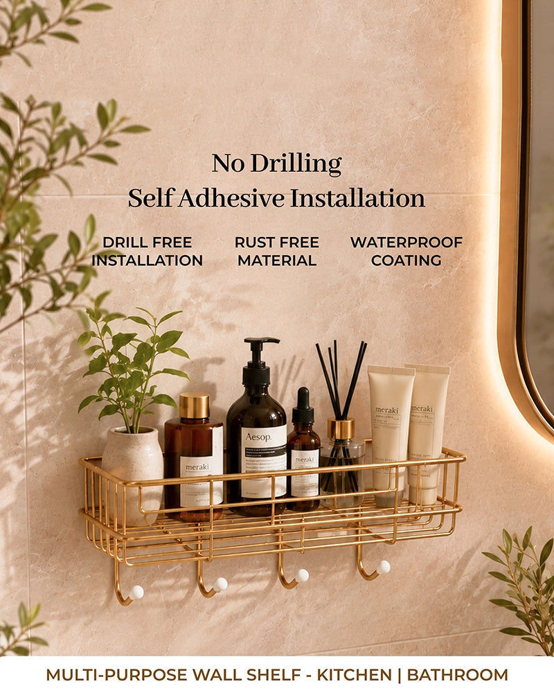 Self Adhesive Metal Wall Shelf with 4 Hanging Hooks for Bathroom Accessories