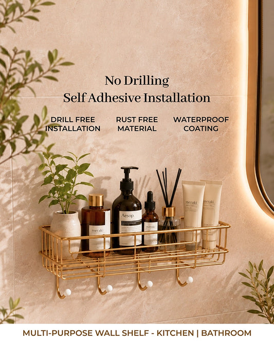 Self Adhesive Metal Wall Shelf with 4 Hanging Hooks for Bathroom Accessories
