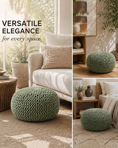 Hand Knitted Sage Green Cotton Pouf Chunky Knit Round Ottoman Footrest
