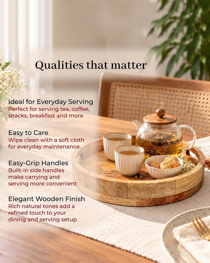 Round Wooden Serving Tray with Handles for Home Dining and Kitchen
