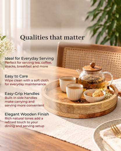 Round Wooden Serving Tray with Handles for Home Dining and Kitchen