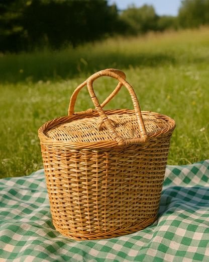 Portable Wicker Picnic Basket with Lid for Lunch, Travel & Park Use