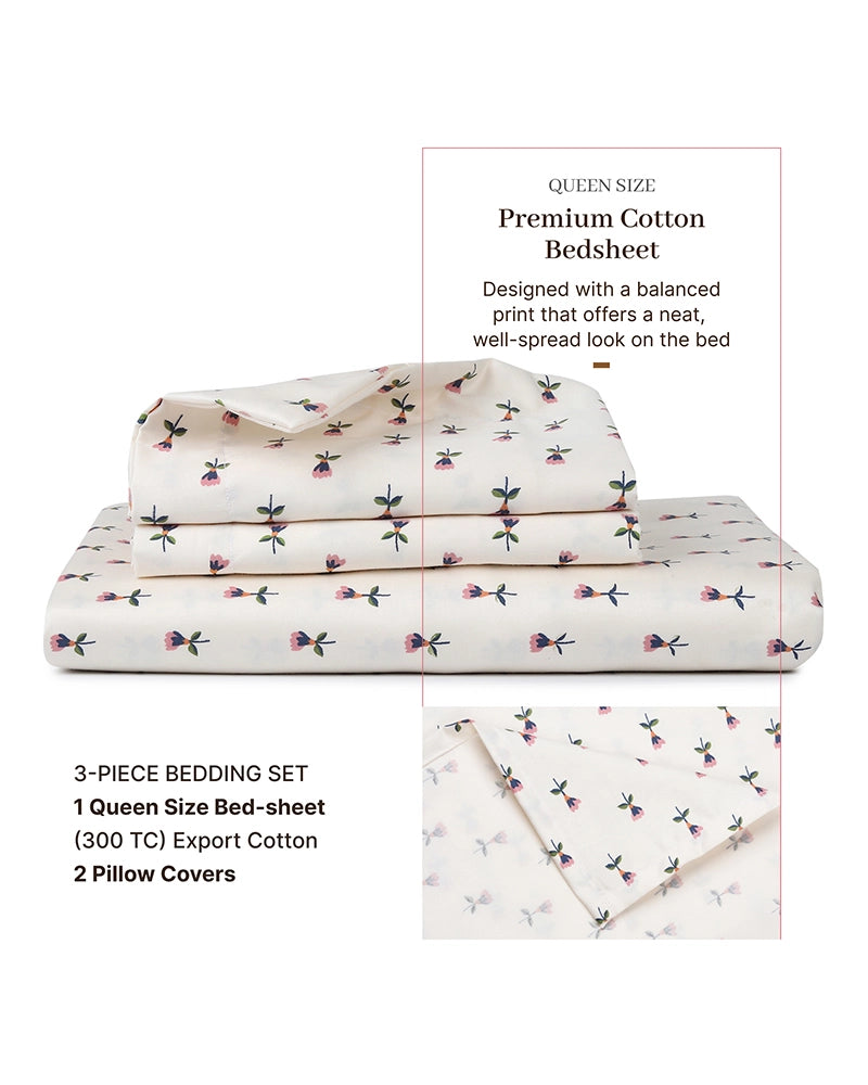 Pink Printed Export Cotton Bedsheet Queen Size 300 TC with Pillow Covers