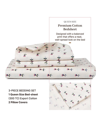 Pink Printed Export Cotton Bedsheet Queen Size 300 TC with Pillow Covers