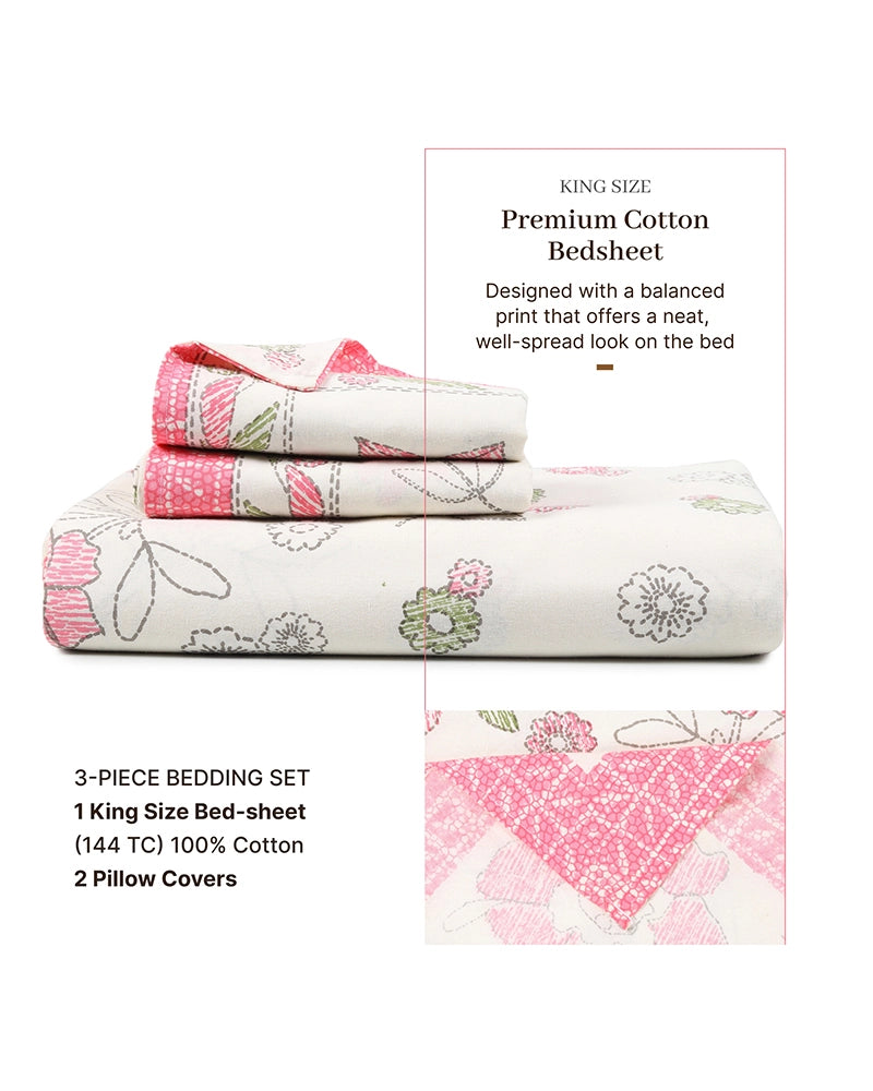 Pure Cotton Bedsheet King Size 144 TC with Pillow Covers for Master & Guest Bedroom