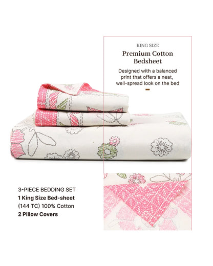 Pure Cotton Bedsheet King Size 144 TC with Pillow Covers for Master & Guest Bedroom